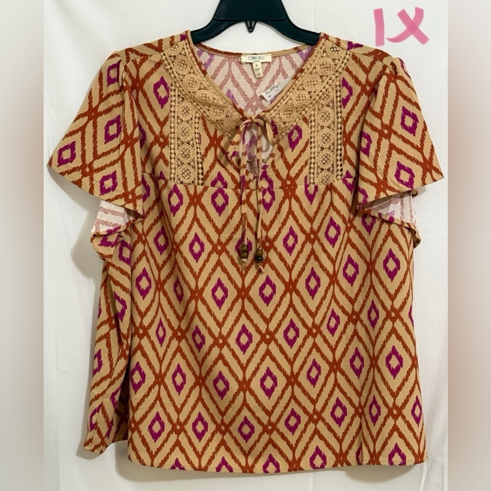 Geometric Patterned Top in Orange and Purple